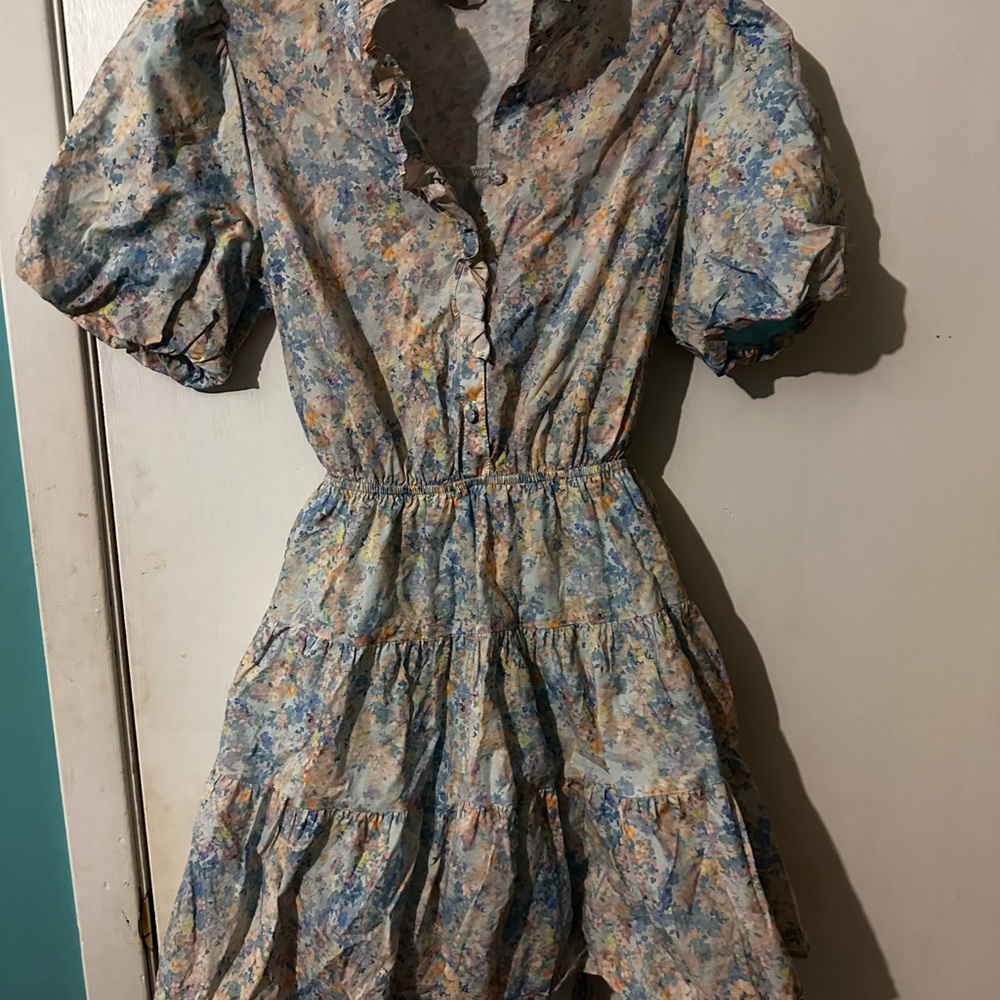 Fate Blue and Tan Ruffled Tiered Mini Sundress